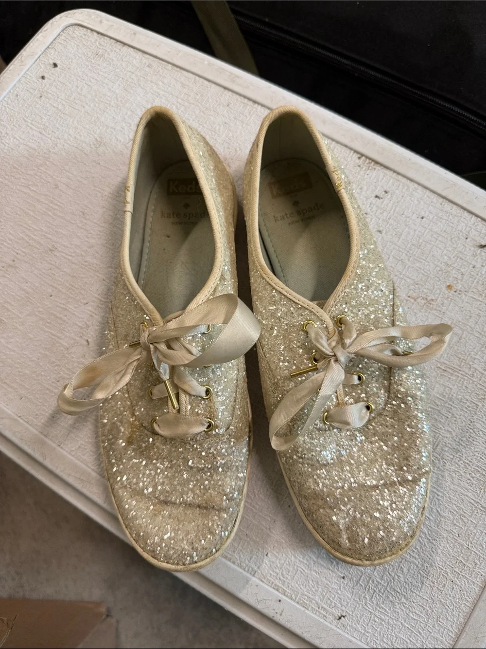 kate spade champagne glitter ribbon lace-up flats